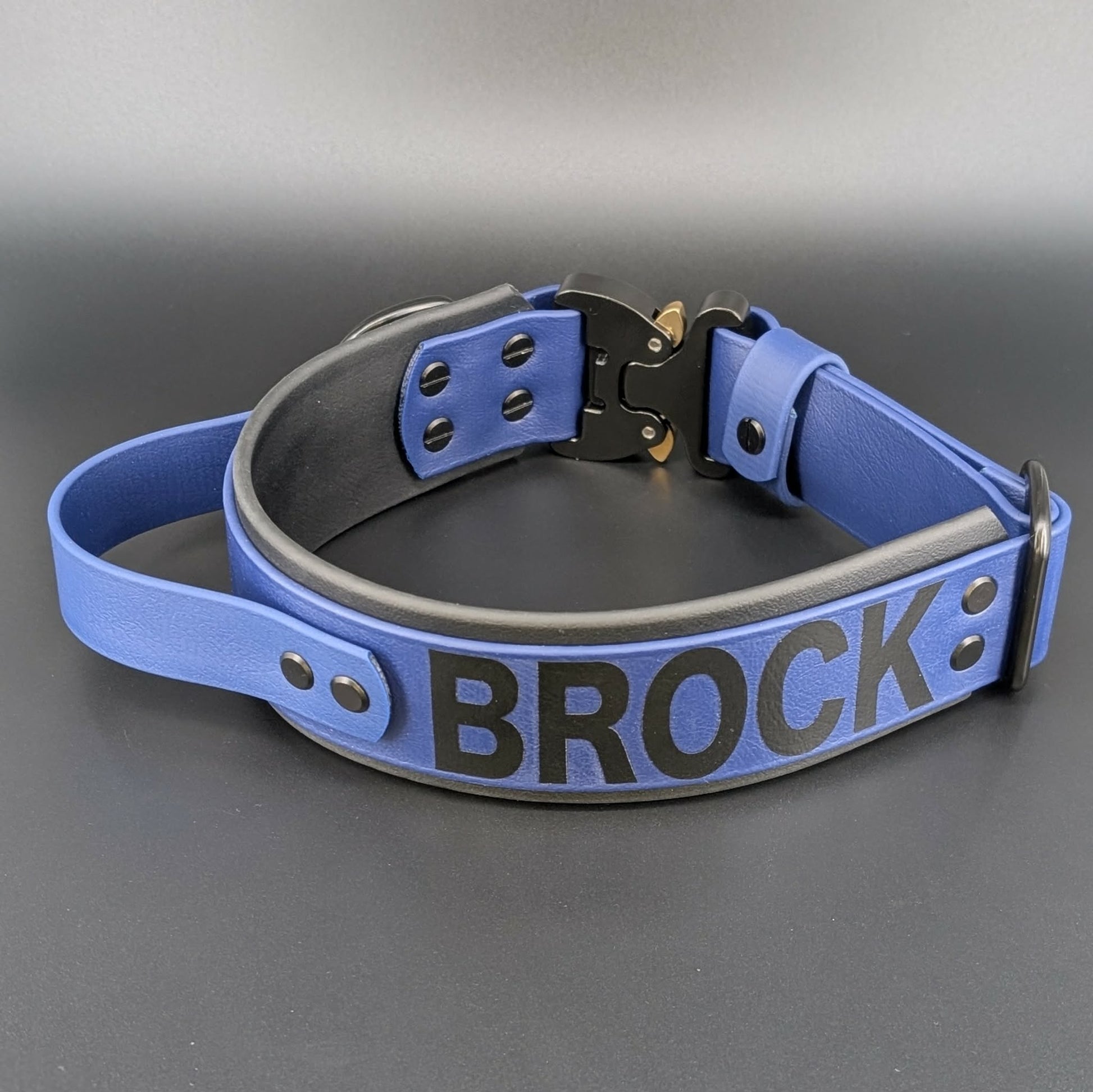 2 inch wide tactical handle dog collar with quick release cobra buckle and personalized text reading brock