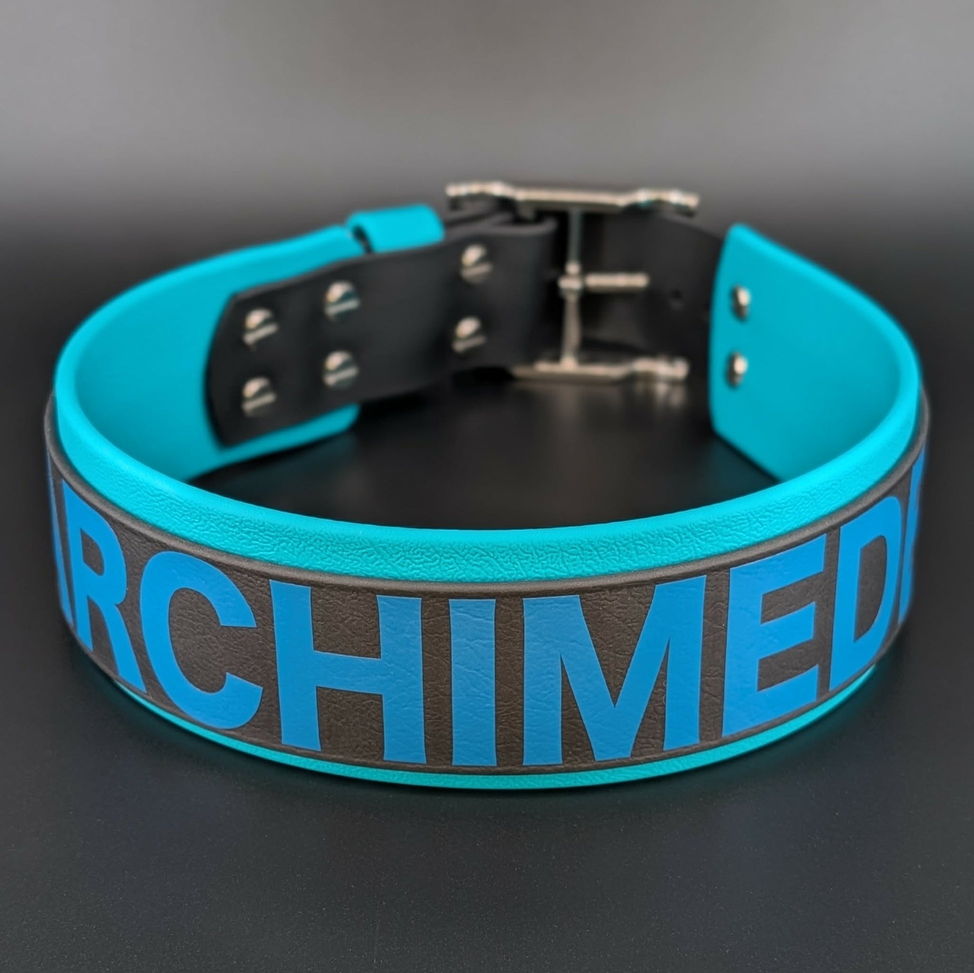 2 inch wide teal and black layered biothane dog collar with custom text