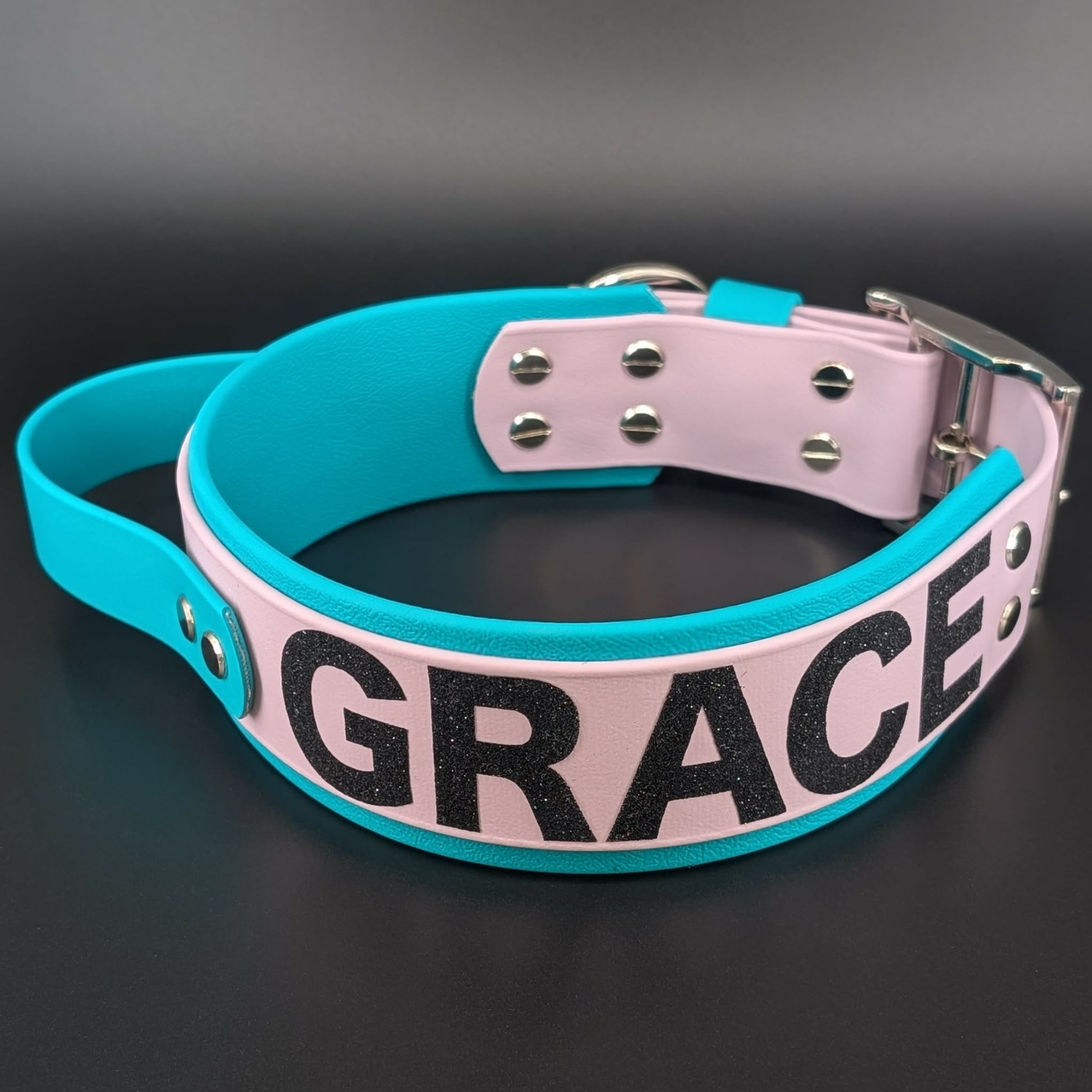 2 inch wide teal and lavender biothane tactical handle dog collar with custom text