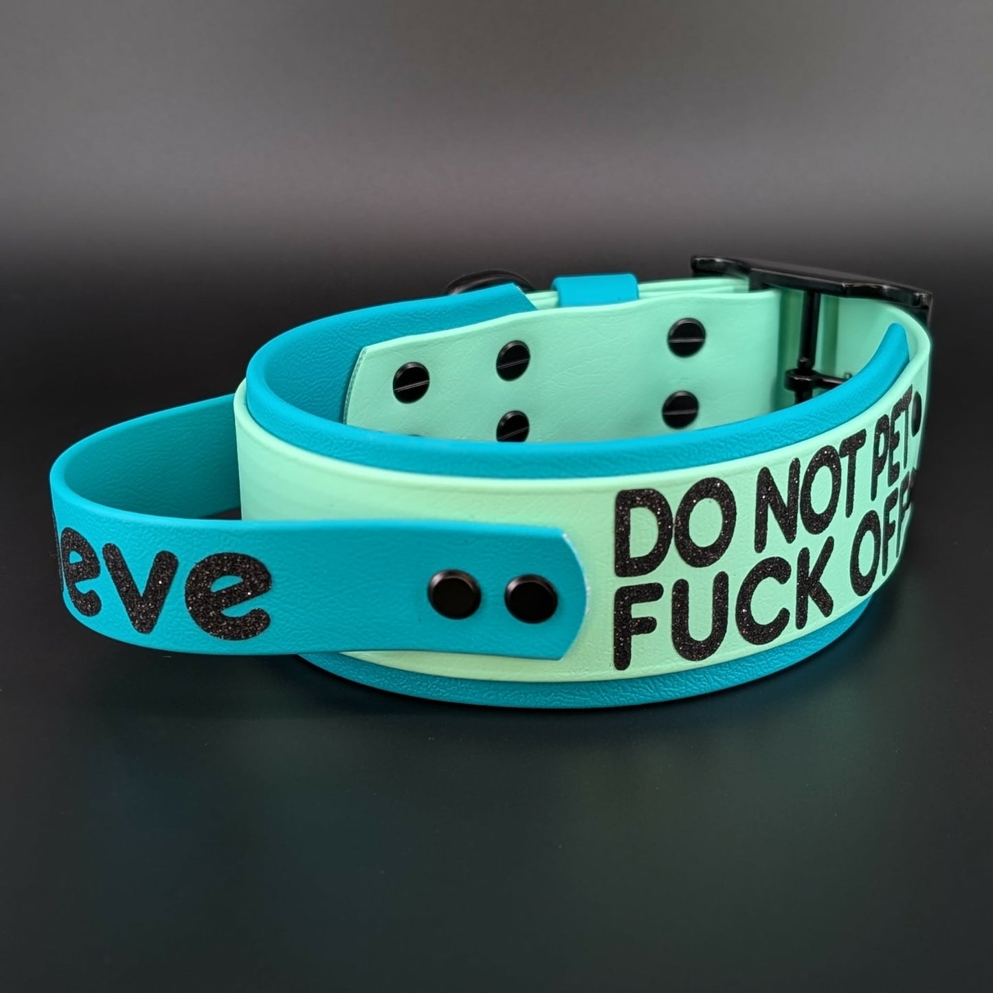 2 inch wide teal and mint green layered biothane dog collar with tactical handle and custom text