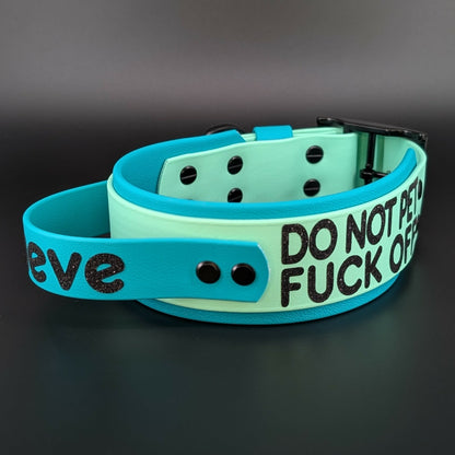 2 inch wide teal and mint green layered biothane dog collar with tactical handle and custom text