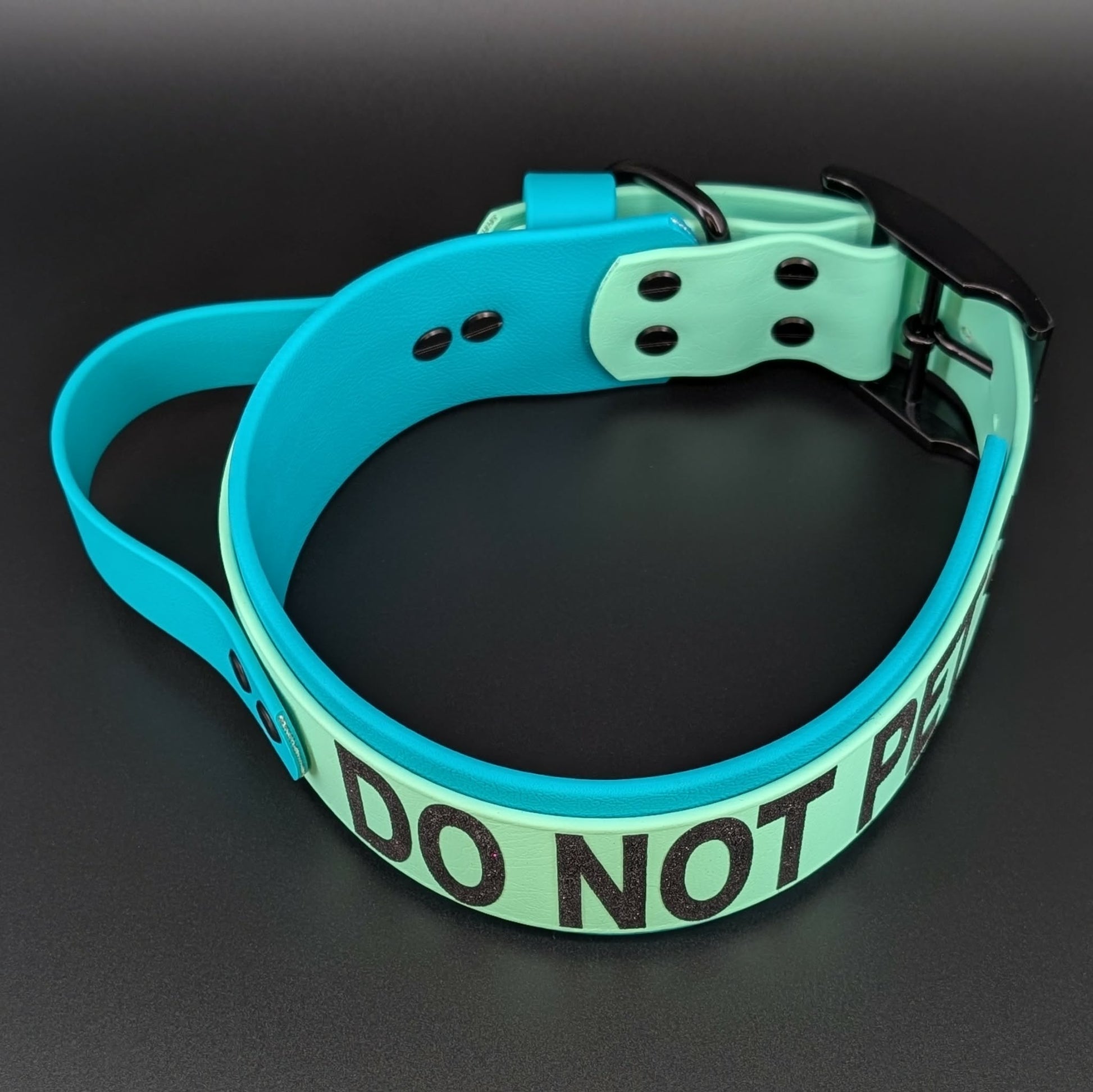 2 inch wide teal and mint green layered biothane dog collar with tactical handle and glitter do not pet text