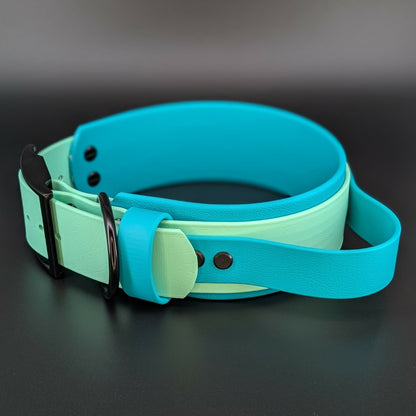 2 inch wide teal and mint green layered biothane dog collar with tactical handle black hardware