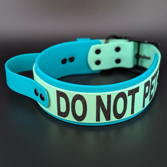 2 inch wide teal and mint green layered biothane glitter do not pet dog collar with tactical handle and black hardware