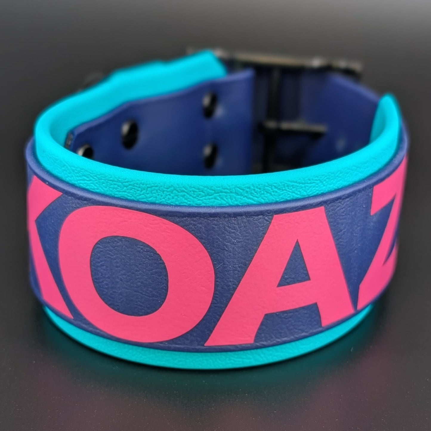 2 inch wide teal and navy blue layered biothane dog collar