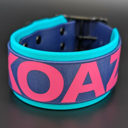 2 inch wide teal and navy blue layered biothane dog collar