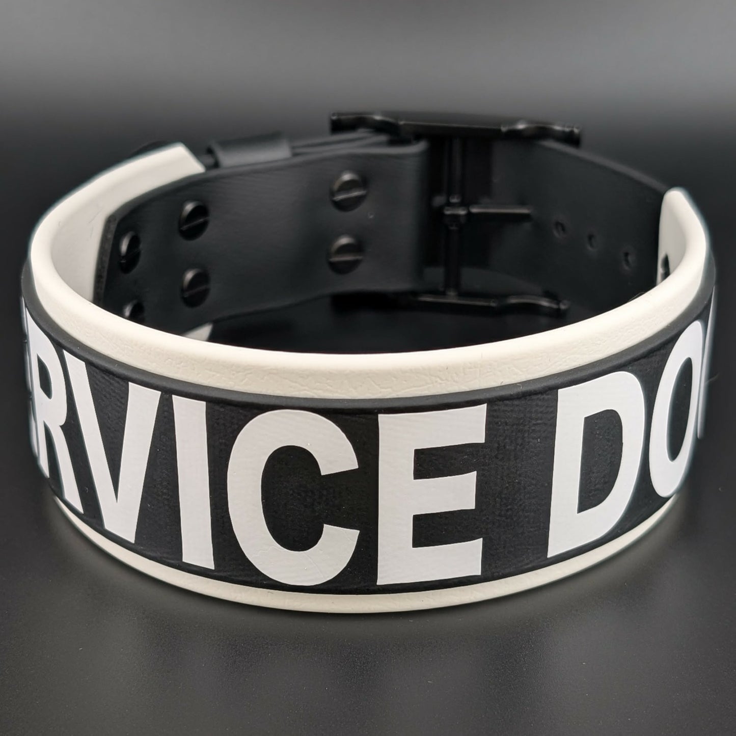 2 inch wide white and black layered biothane service dog collar