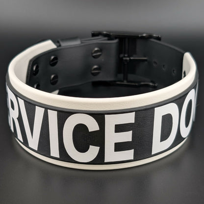 2 inch wide white and black layered biothane service dog collar