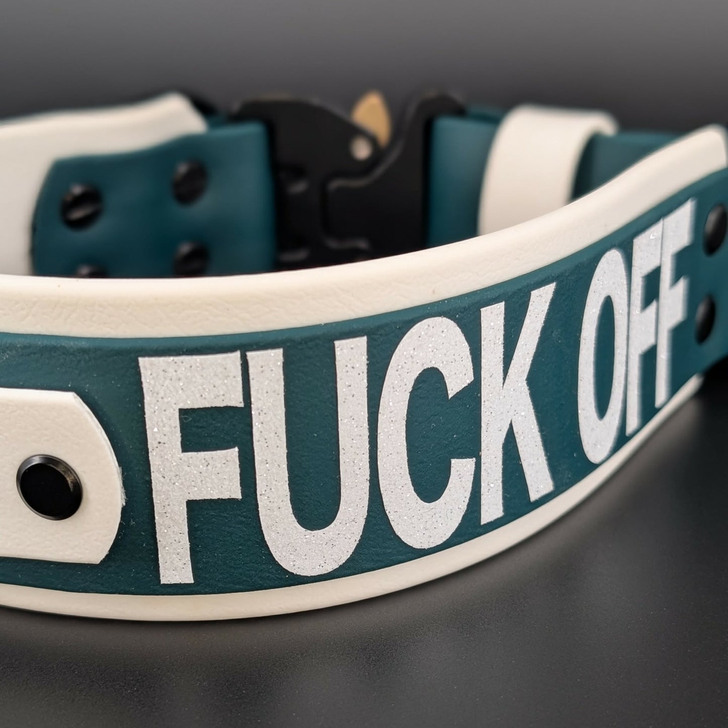 2 inch wide white and dark green layered biothane collar with tactical handle and cobra buckle and fuck off glitter text