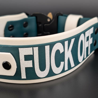 2 inch wide white and dark green layered biothane collar with tactical handle and cobra buckle and fuck off glitter text