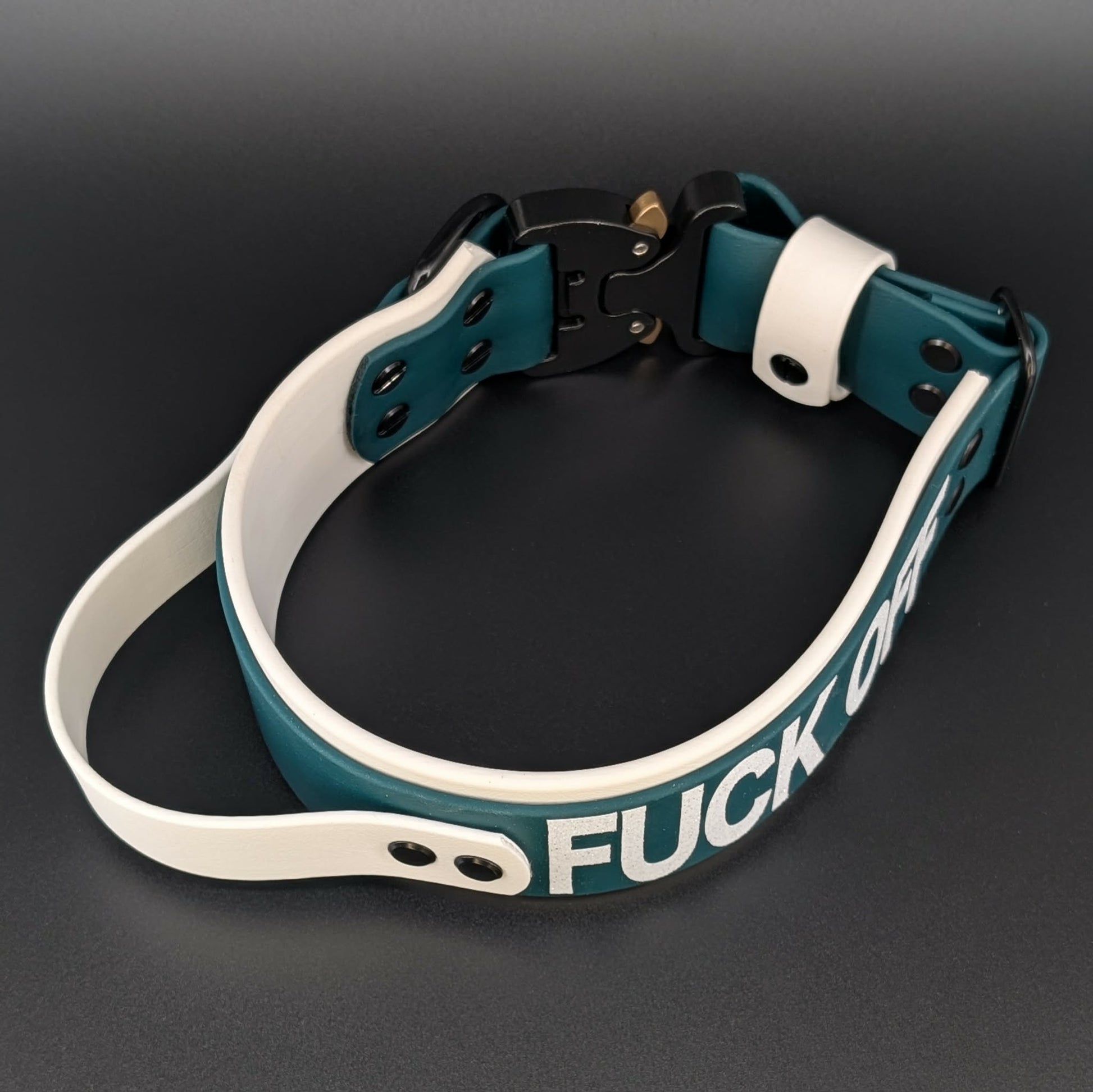 2 inch wide white and dark green layered biothane collar with tactical handle and cobra buckle