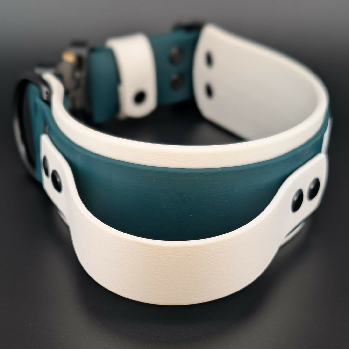 2 inch wide white and dark green layered biothane collar with tactical handle