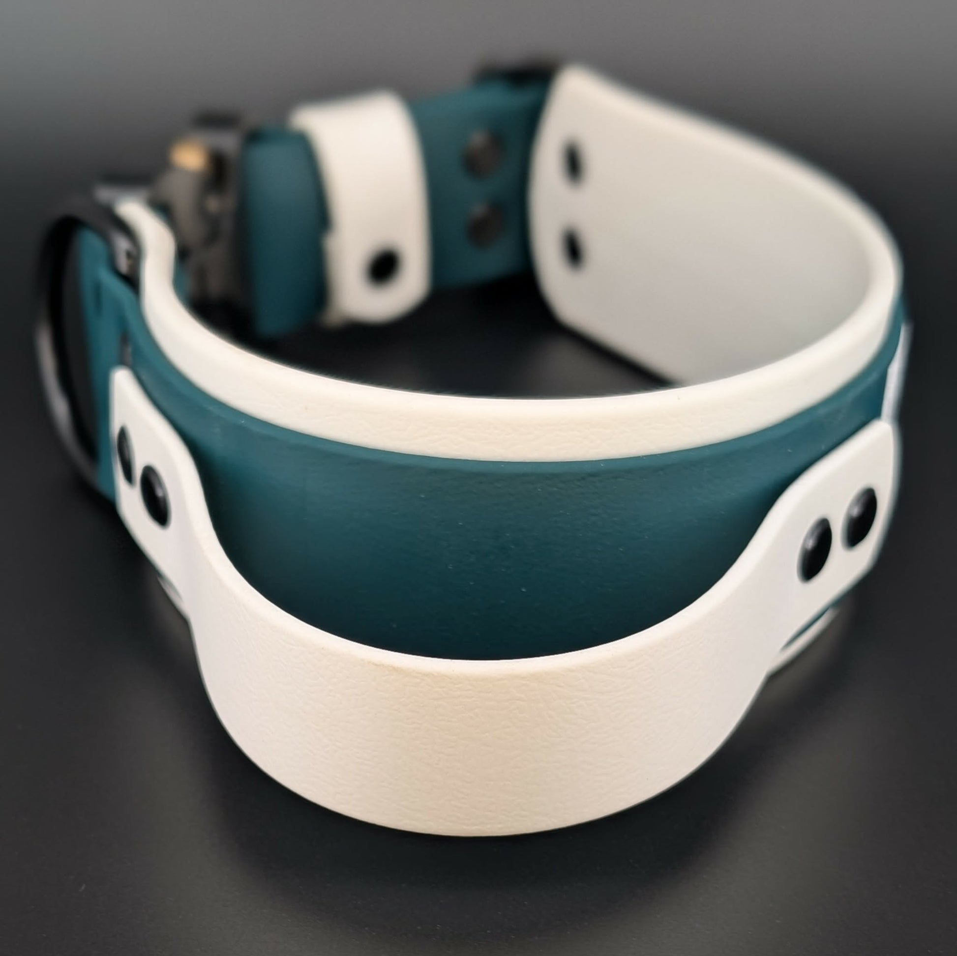 2 inch wide white and dark green layered biothane collar with tactical handle