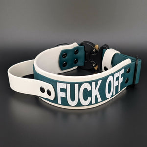 2 inch wide white and dark green layered biothane dog collar with tactical handle cobra buckle and custom text