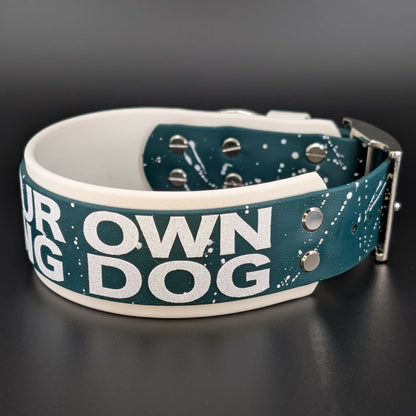 2 inch wide white and dark green layered biothane pet your own fucking dog collar with splatter paint and silver hardware