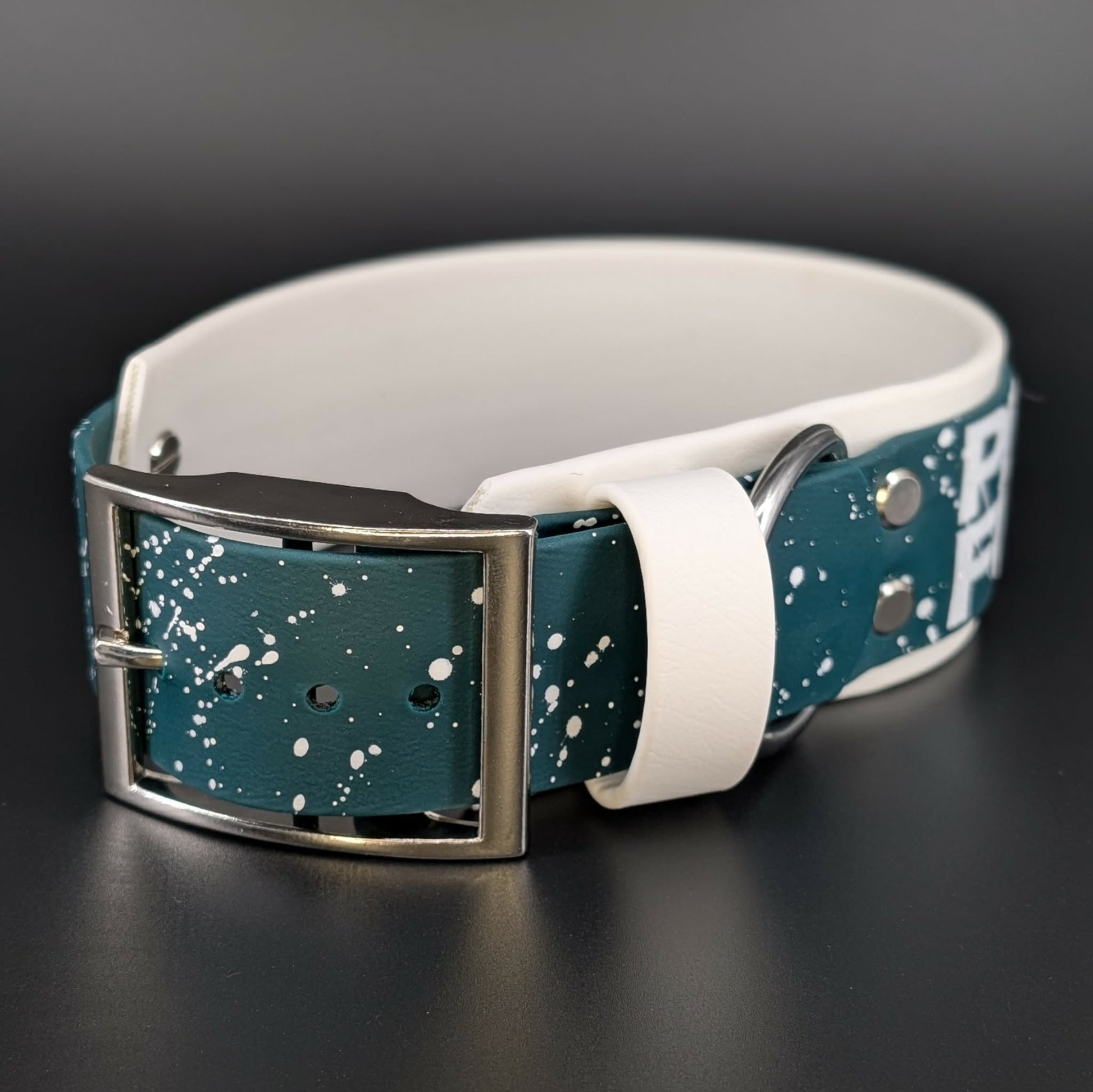 2 inch wide white and dark green layered biothane pet your own fucking dog collar with splatter paint silver hardware