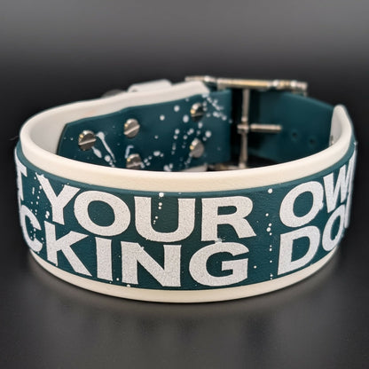 2 inch wide white and dark green layered biothane pet your own fucking dog collar with splatter paint