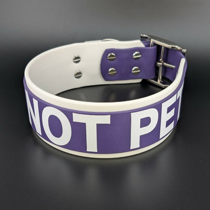 2 inch wide white and dark purple layered biothane do not pet collar