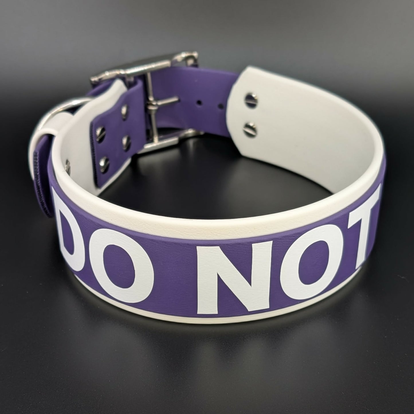 2 inch wide white and dark purple layered biothane do not pet dog collar