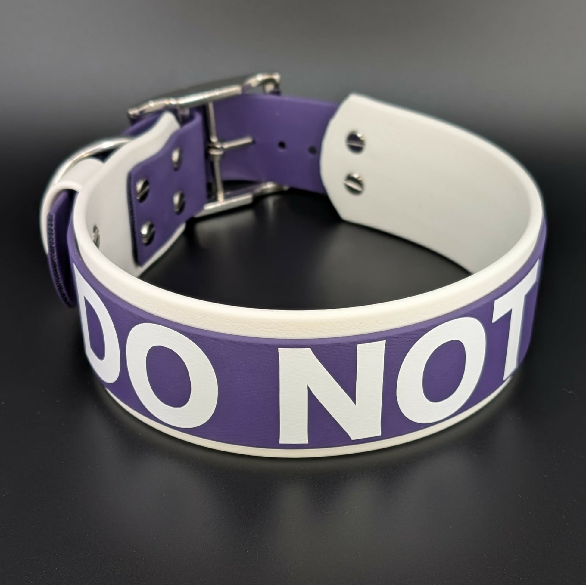 2 inch wide white and dark purple layered biothane do not pet dog collar