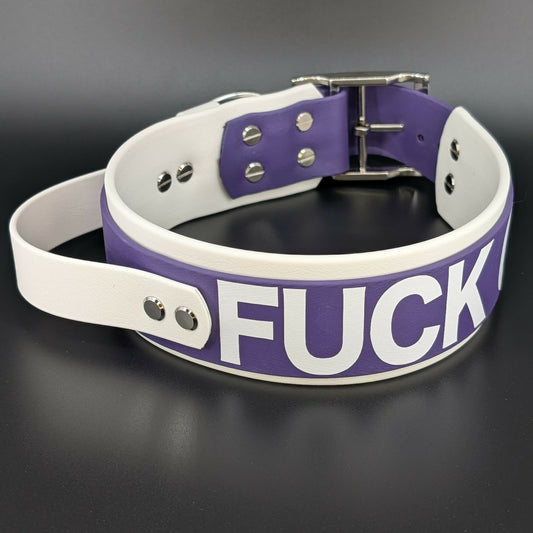 2 inch wide white and dark purple layered biothane fuck off collar with tactical handle