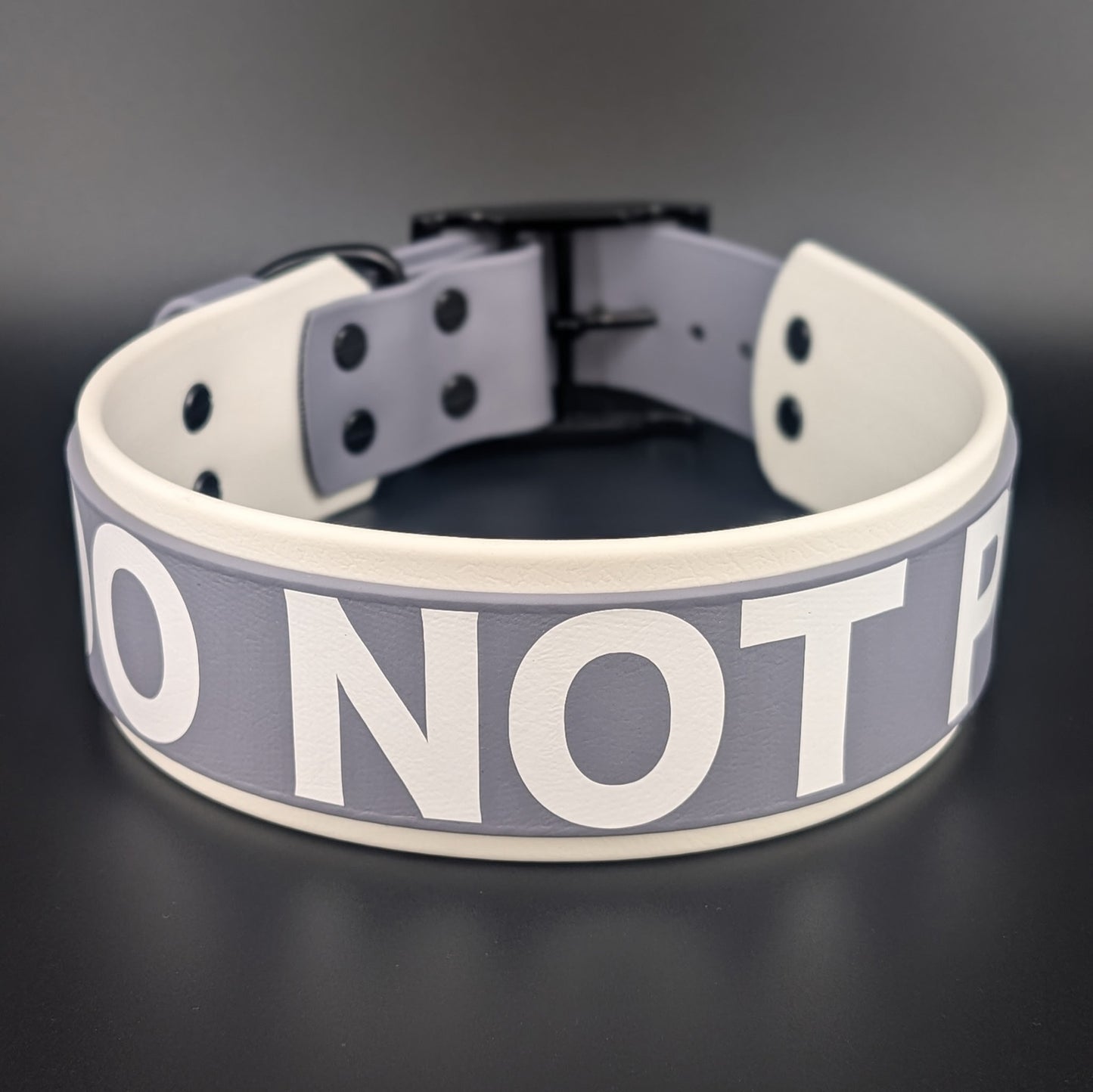 2 inch wide white and gray layered biothane do not pet dog collar
