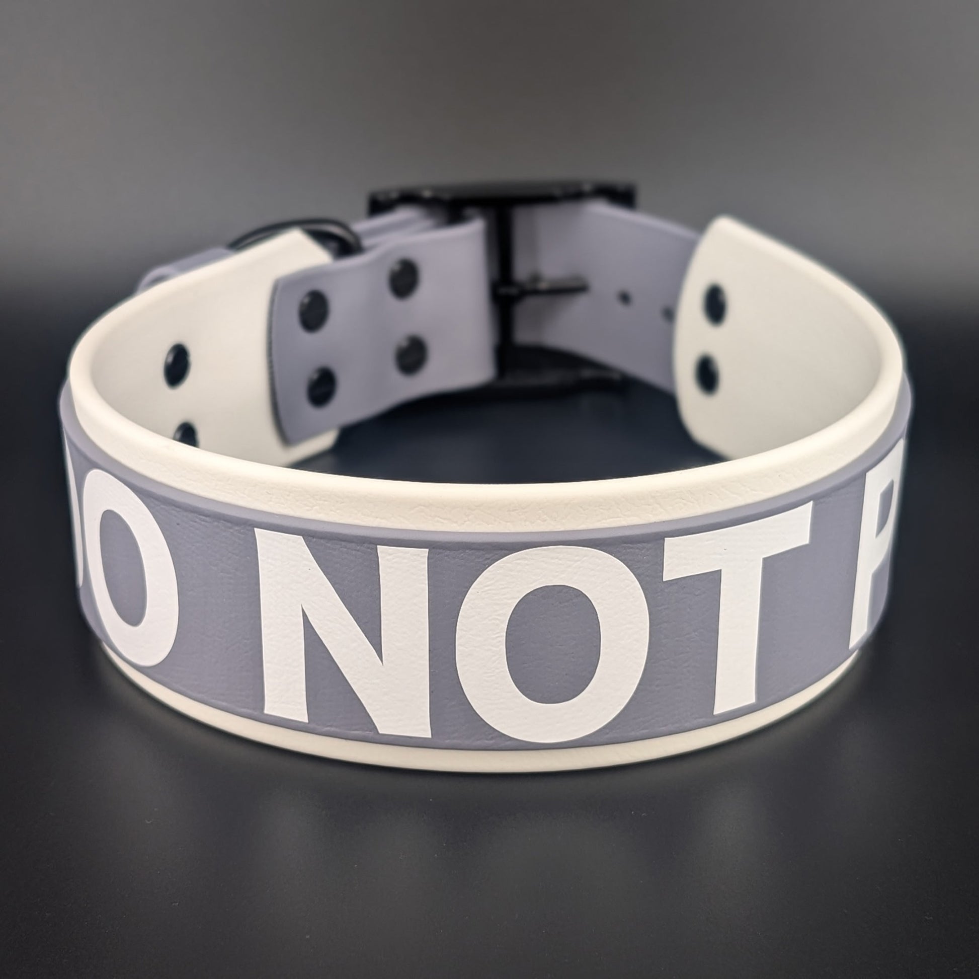 2 inch wide white and gray layered biothane do not pet dog collar