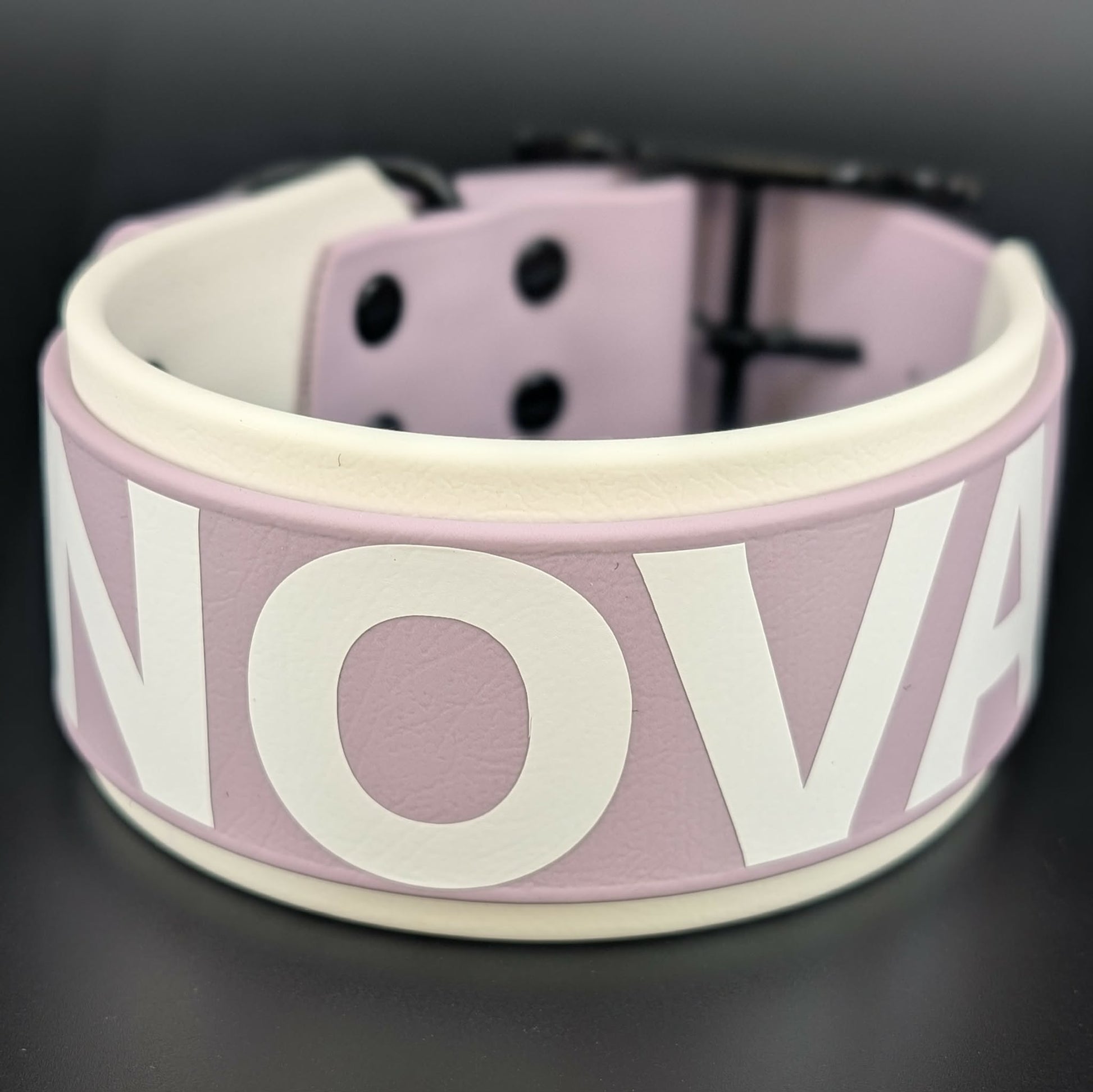 2 inch wide white and lavender layered biothane dog collar with custom text