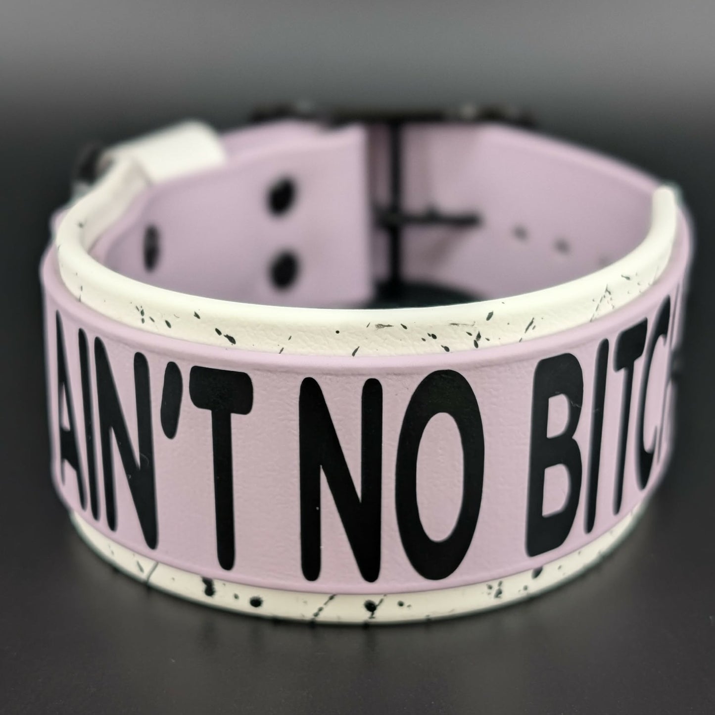 2 inch wide white and lavender layered biothane I aint no bitch dog collar with splatter paint