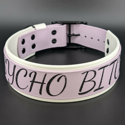 2 inch wide white and lavender layered biothane psycho bitch dog collar