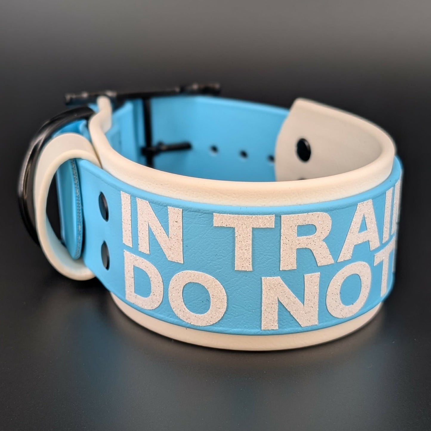 2 inch wide white and light blue layered biothane in training do not pet collar