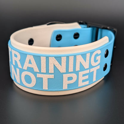 2 inch wide white and light blue layered biothane in training do not pet dog collar