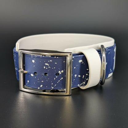 2 inch wide white and navy blue biothane dog collar with splatter paint