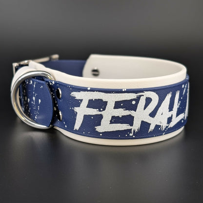 2 inch wide white and navy blue biothane feral as fuck dog collar with silver hardware