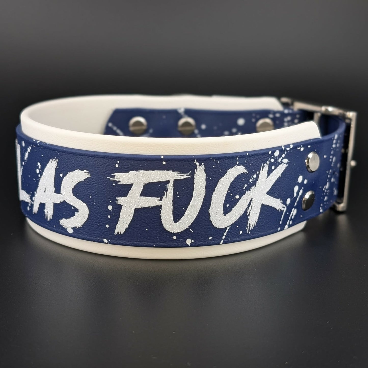 2 inch wide white and navy blue biothane feral as fuck dog collar with splatter paint