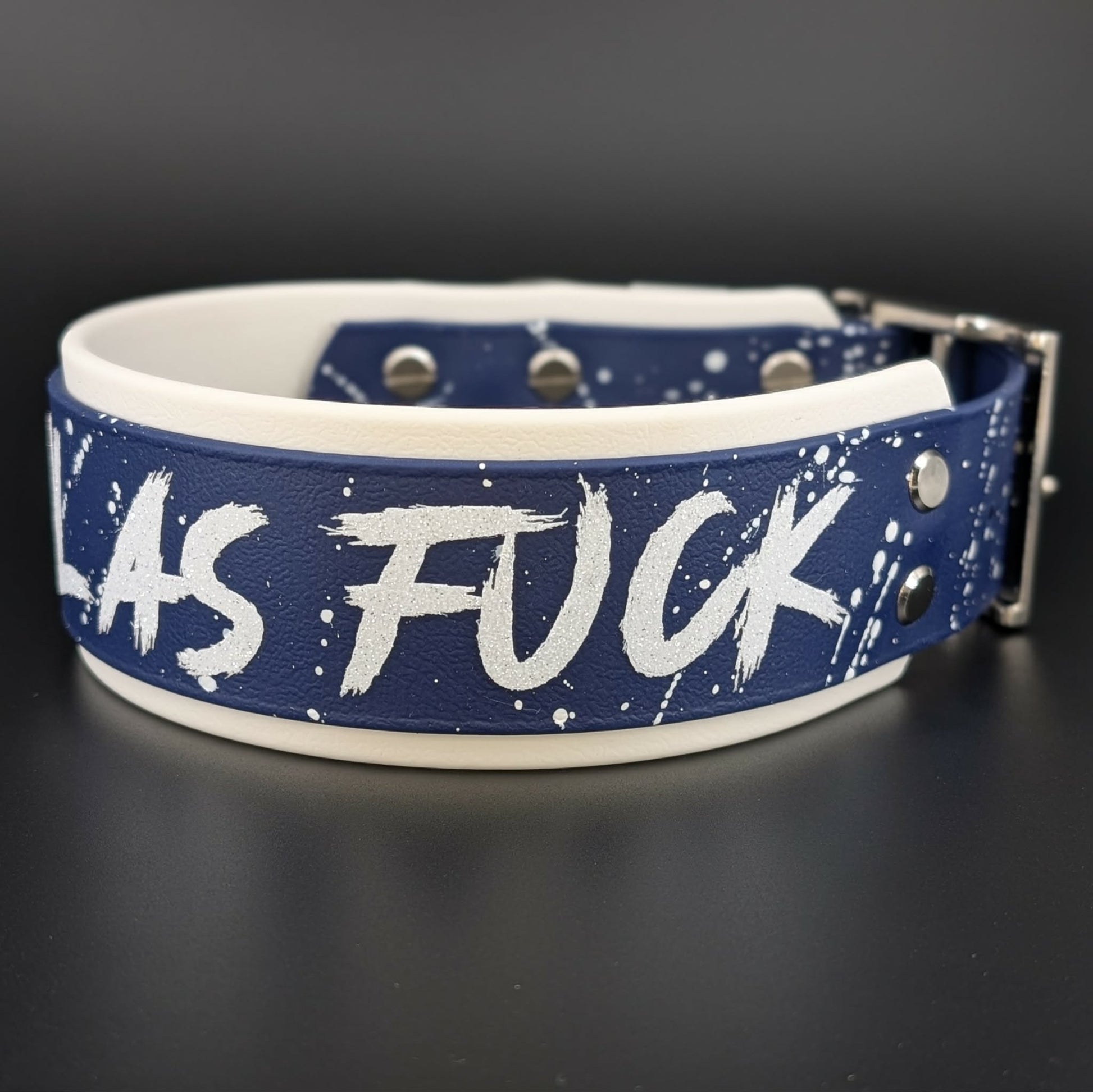 2 inch wide white and navy blue biothane feral as fuck dog collar with splatter paint