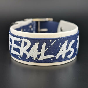 2 inch wide white and navy blue biothane feral as fuck dog collar