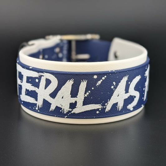 2 inch wide white and navy blue biothane feral as fuck dog collar