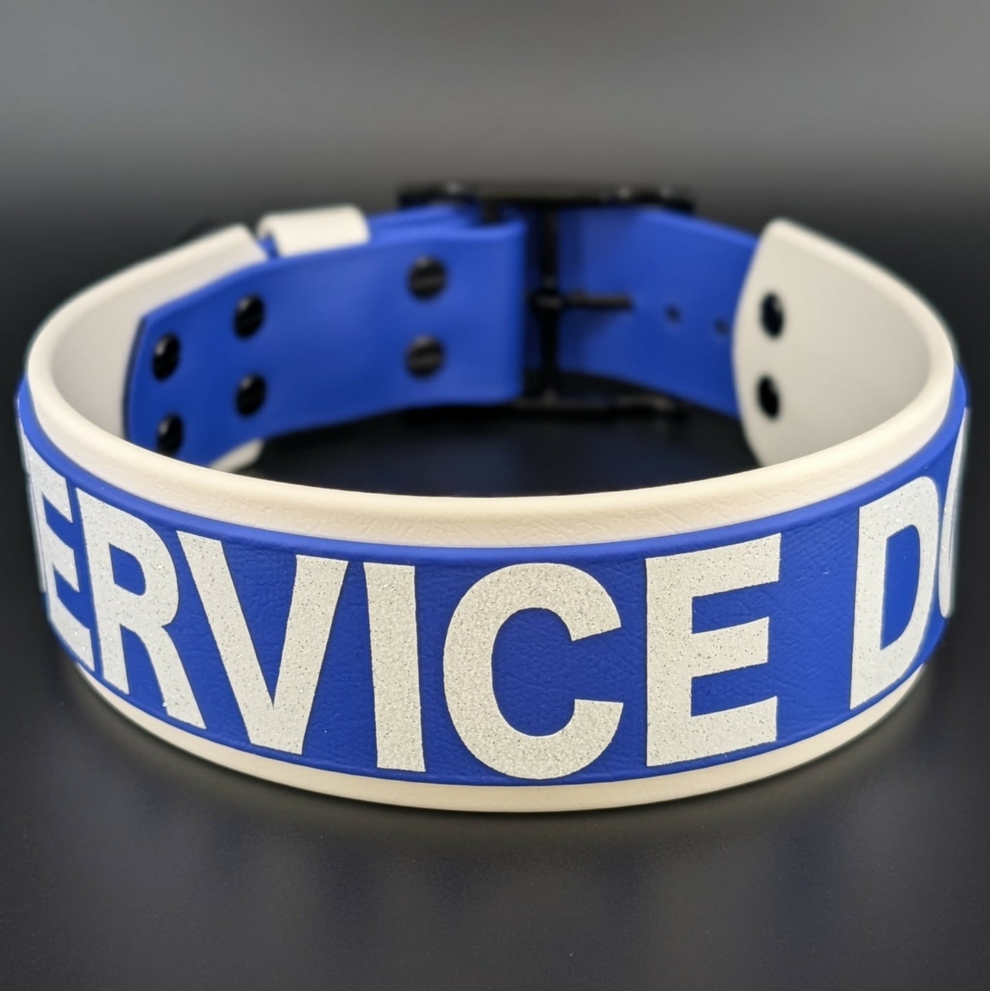 2 inch wide white and royal blue biothane service dog collar
