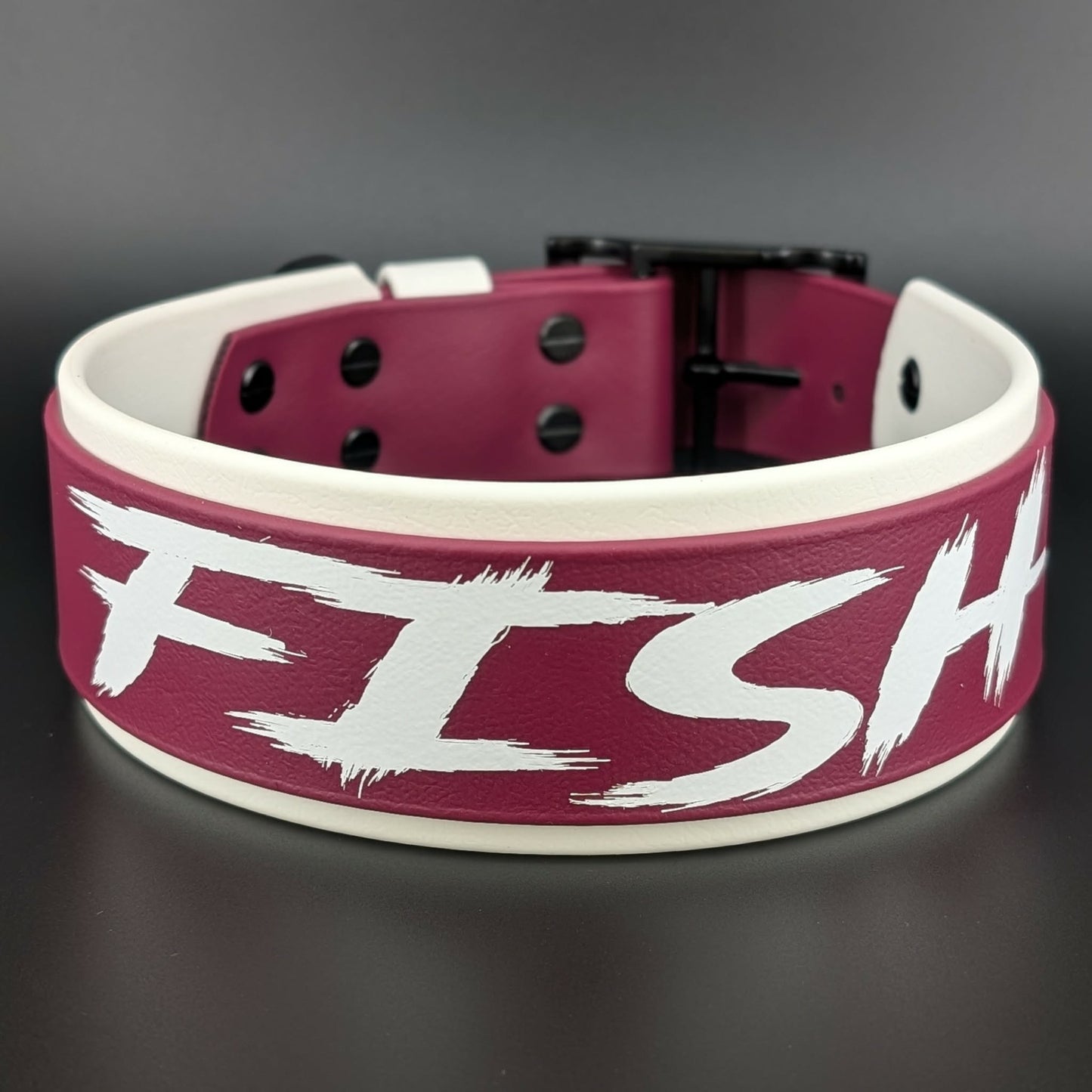 2 inch wide white and wine layered biothane dog collar with custom text