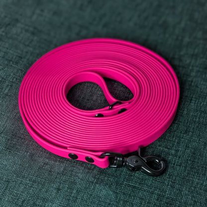 20 foot long pink biothane dog leash with black clip