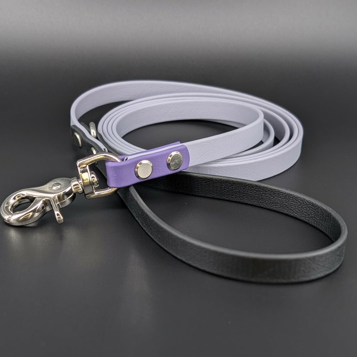 6 feet long gray black and dark purple biothane dog leash with silver hardware