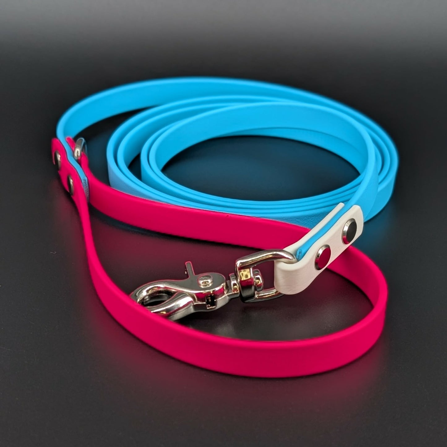 6 foot long light blue pink and white biothane dog leash with silver hardware