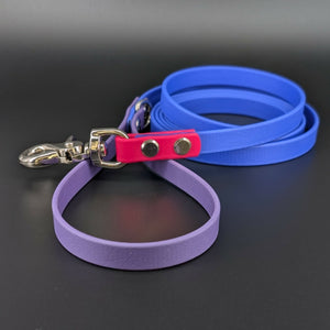 6 foot long royal blue dark purple and pink biothane dog leash with silver trigger snap