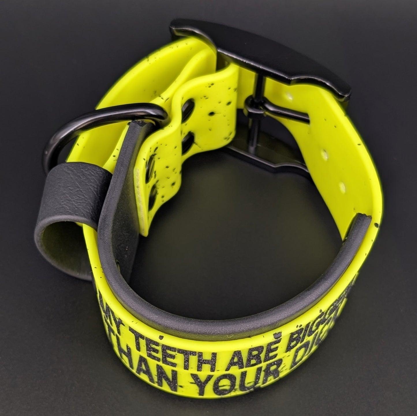 9-12 inch neck 2 inch wide black and-yellow biothane my teeth are bigger than your dick collar
