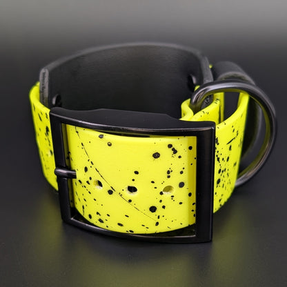 9-12 inch neck 2 inch wide black and yellow layered biothane my teeth are bigger than your dick collar