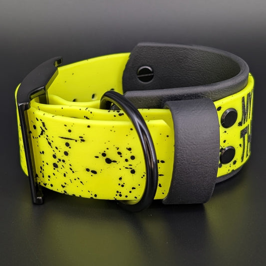 9-12 inch neck 2 inch wide black and yellow layered biothane my teeth are bigger than your dick dog collar with splatter paint