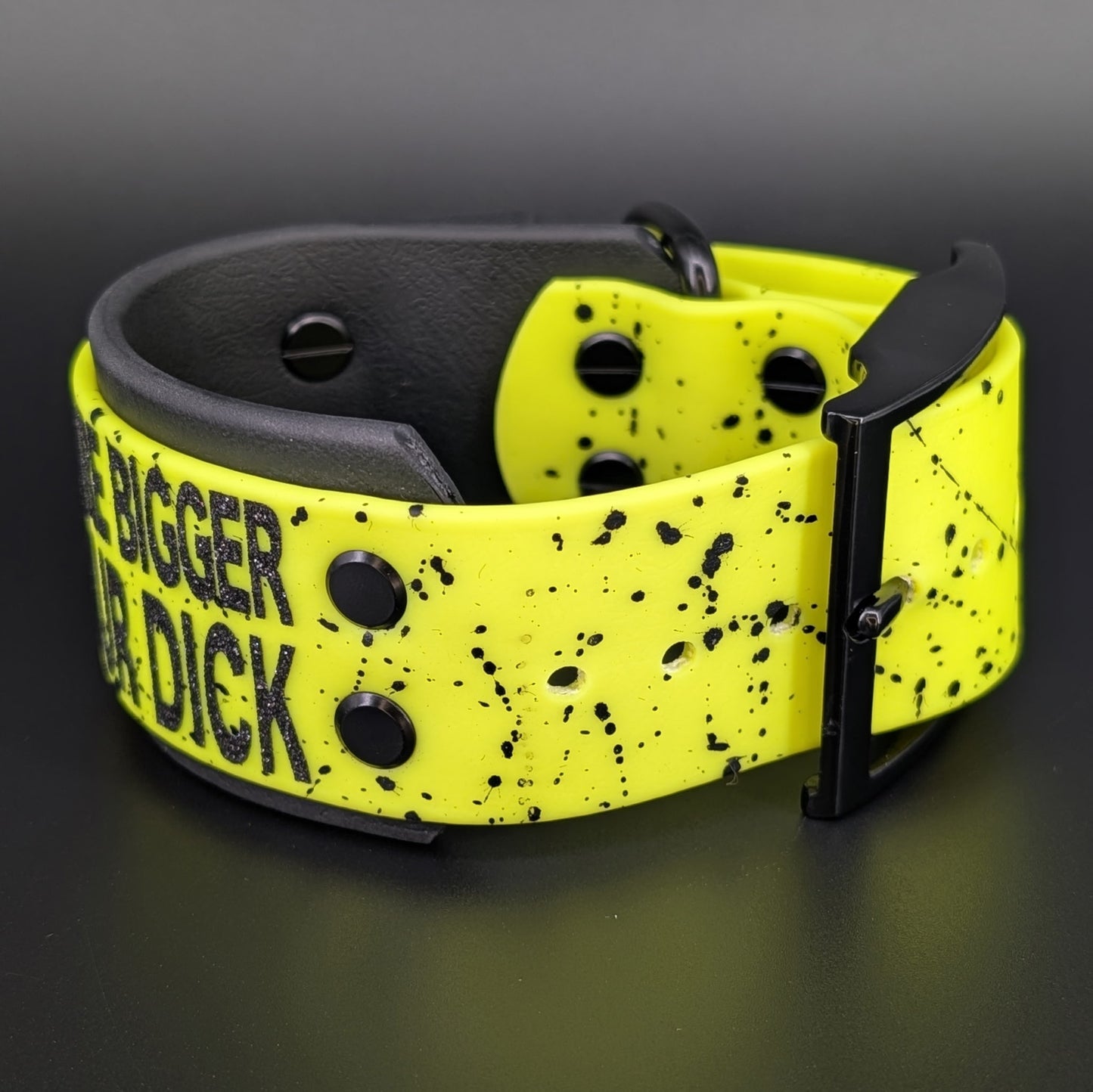 9-12 inch neck 2 inch wide black and yellow layered biothane my teeth are bigger than your dick dog collar