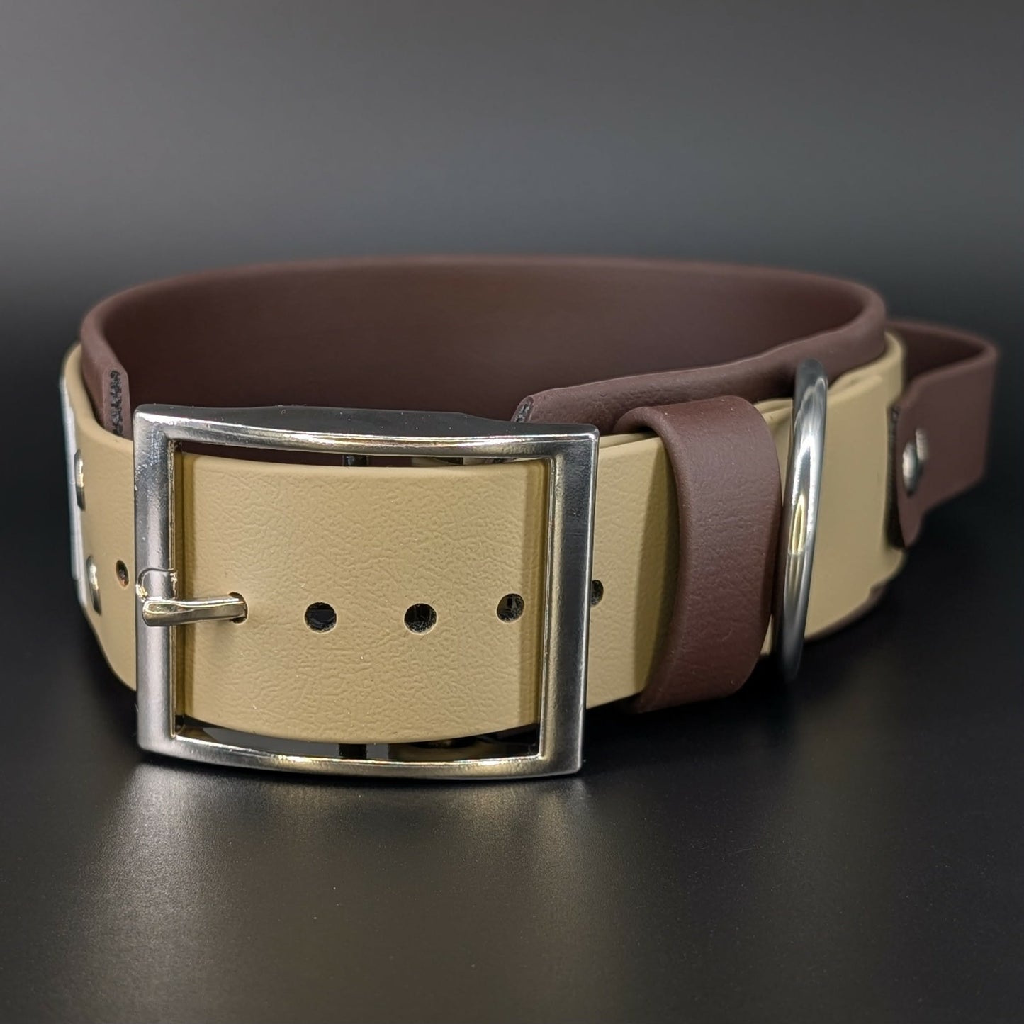 Dark Brown and Tan Layered Biothane PLAYS DIRTY Collar with Tactical Handle