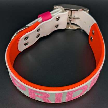 Orange and White Layered Biothane Lesbian PRIDE Collar glitter text 2 inch wide